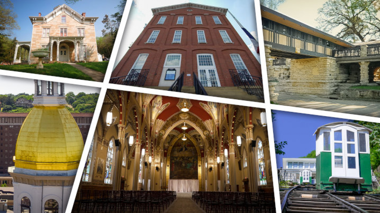 Clockwise from the top left corner: Mathias Ham House, Dubuque City Hall, Eagle Point Park, Fenelon Place Elevator, Steeple Square, Dubuque County Courthouse