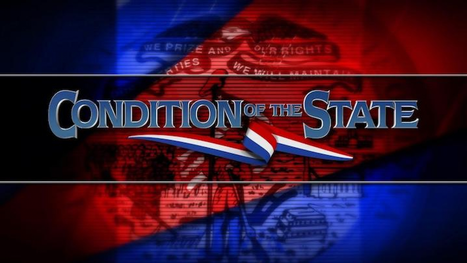 The text "Condition of the State" over a background of a stylized image of the Iowa flag with blue and red overlay.