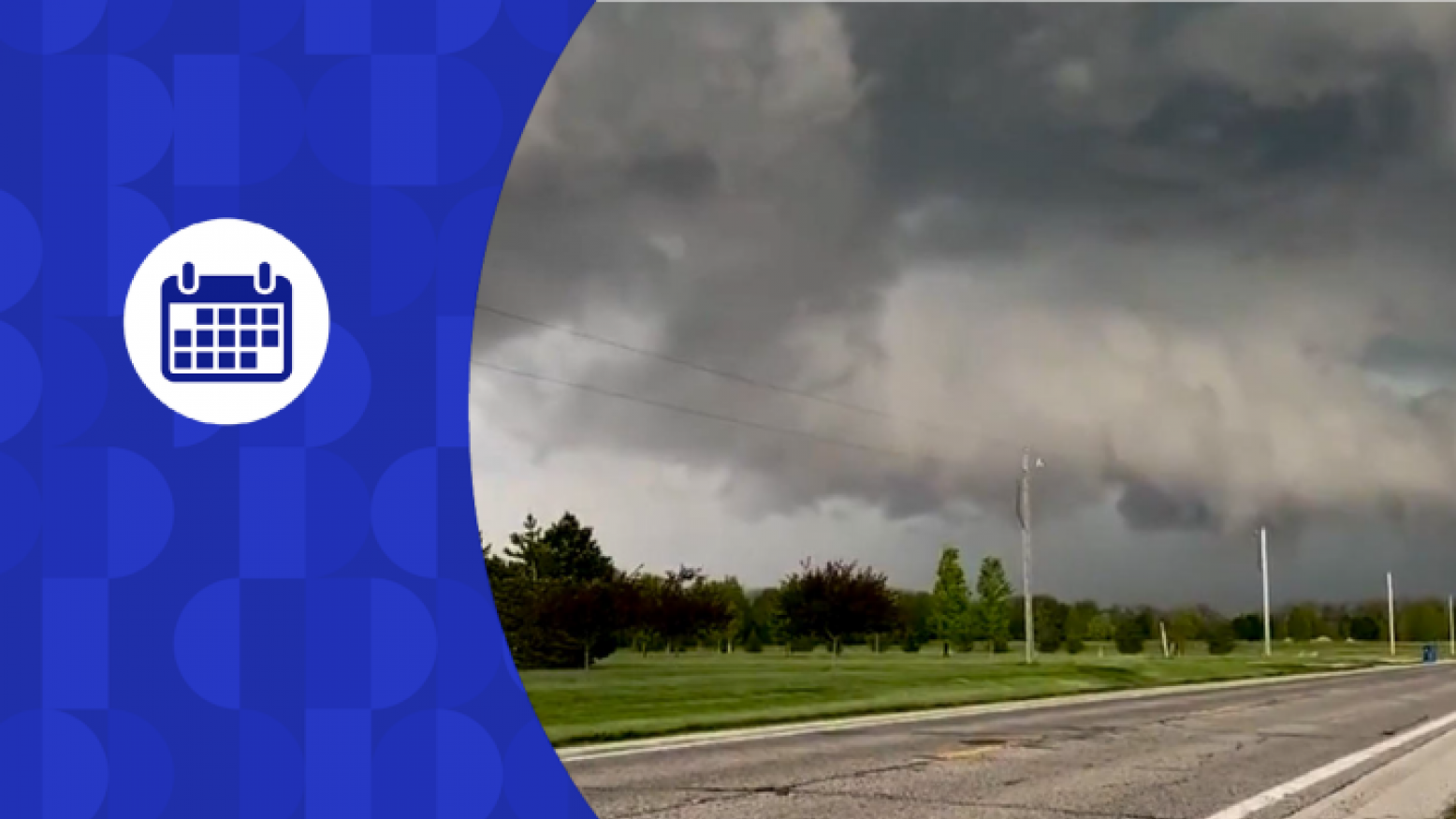 Calendar icon on blue background with an image of storm clouds