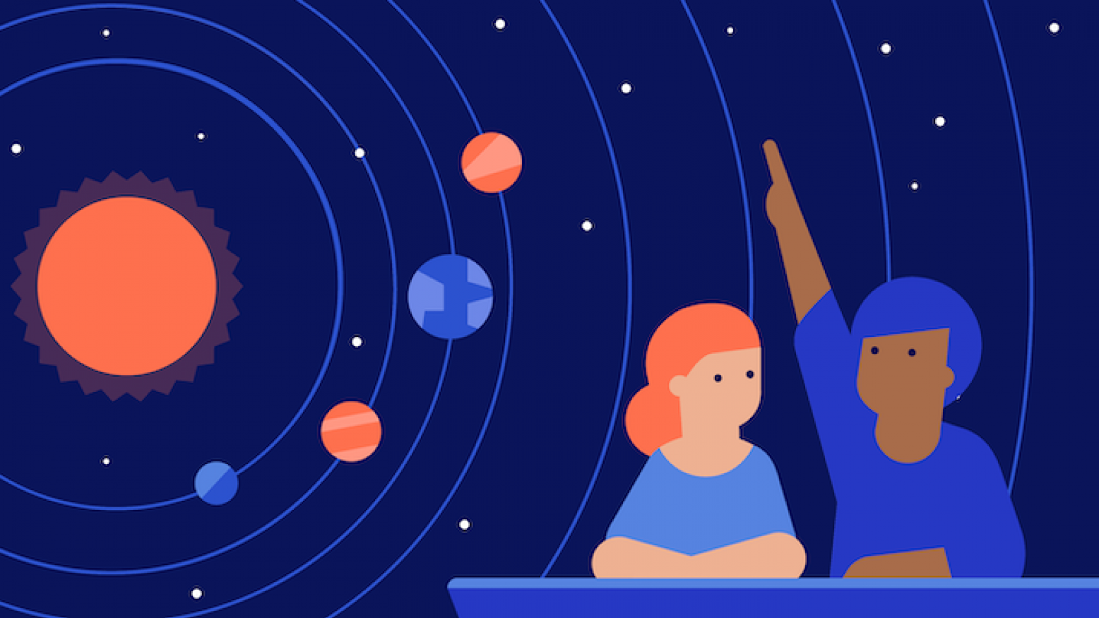 An illustration of two students sitting at a desk with the solar system behind them. The student on the right is raising his hand.