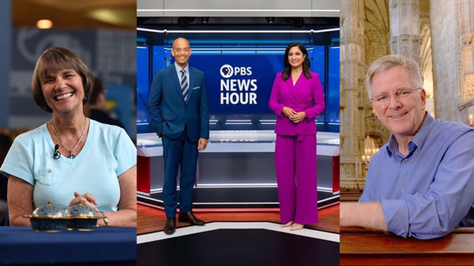 An image of a woman at Antiques Roadshow, the hosts of PBS News Hour, and Rick Steves