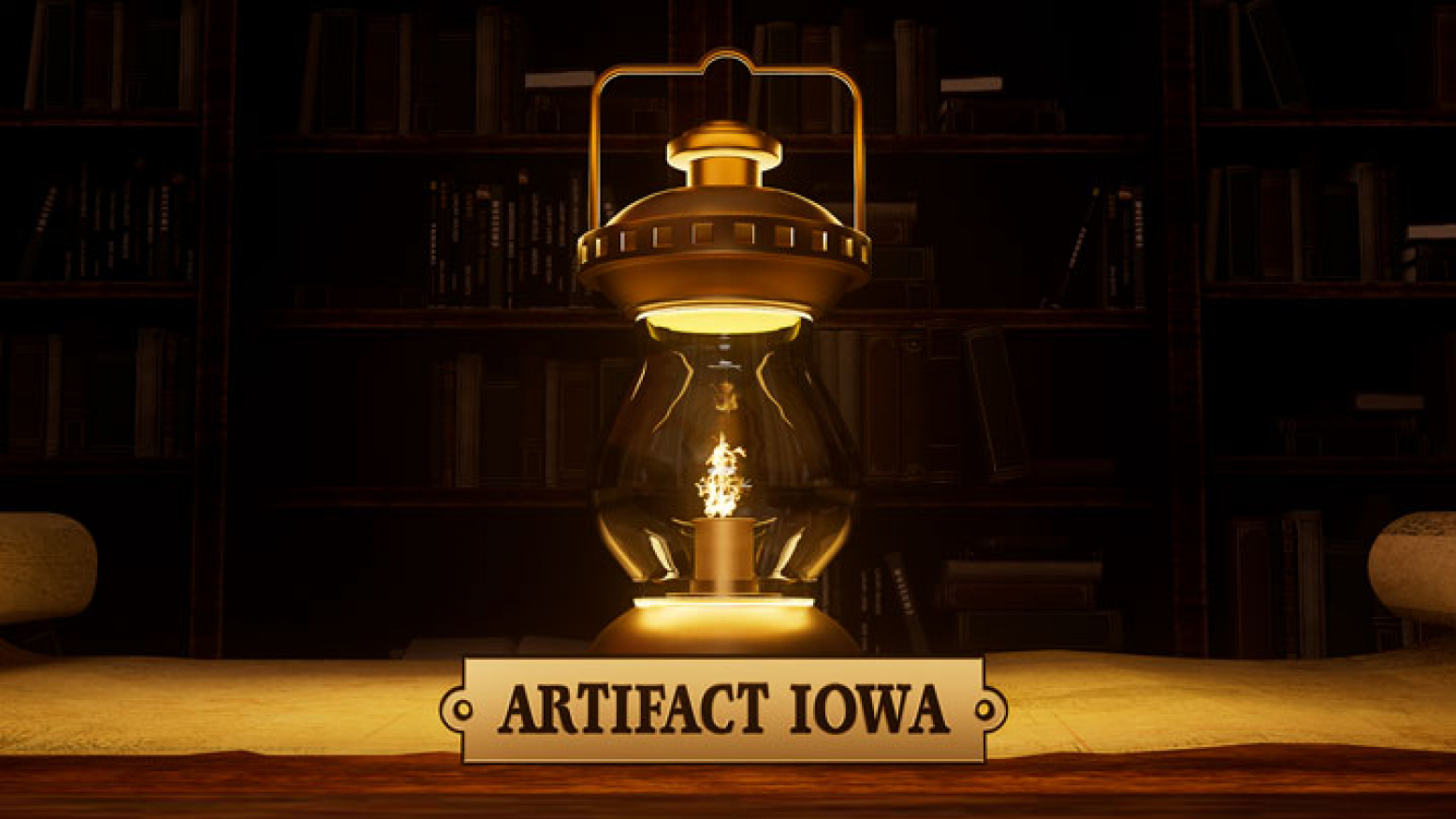 A glowing vintage lantern on a table with a nameplate reading "ARTIFACT IOWA."