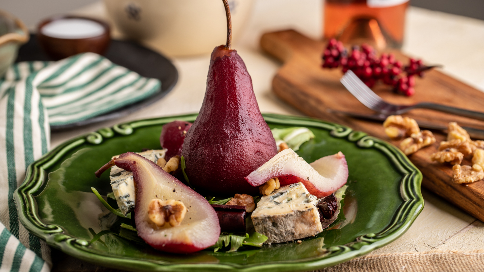 Mulled Wine Pears with Blue Cheese and Walnuts