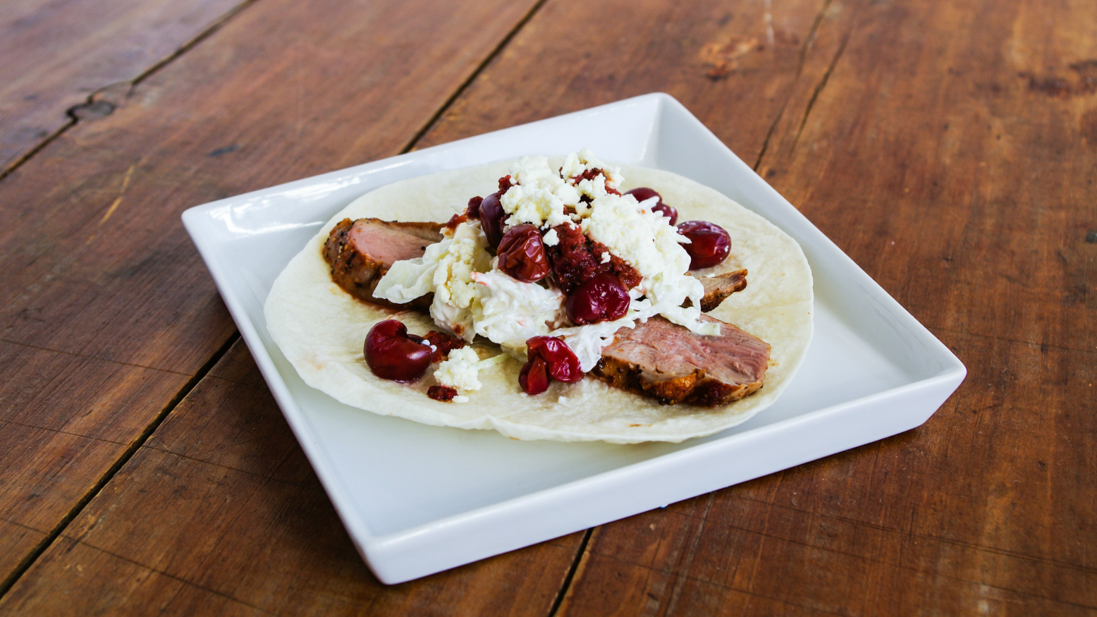 Duck Tacos with Chipotle Sour Cherry Salsa