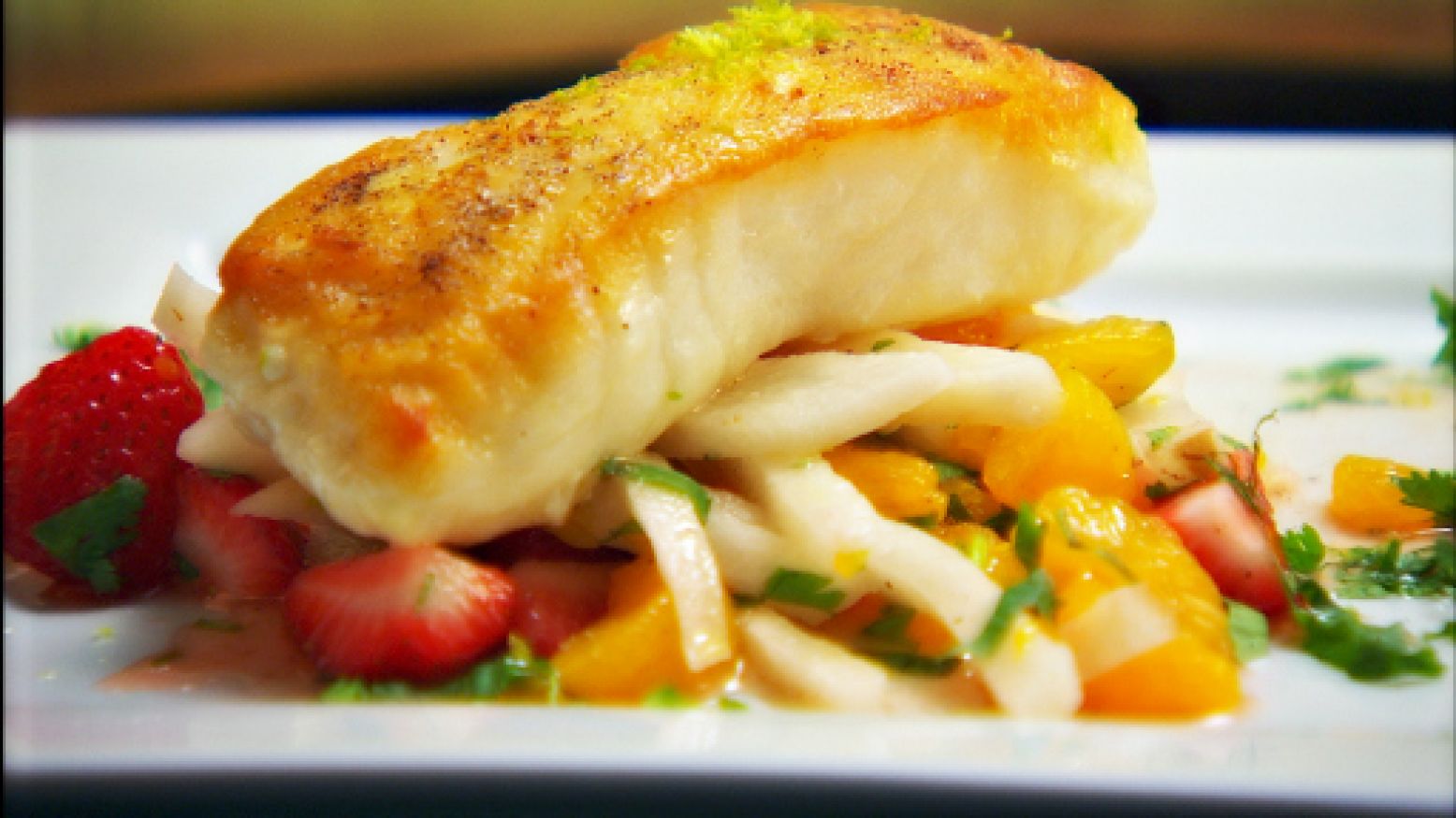 Pan Seared Sea Bass with Strawberry Jicama Salad