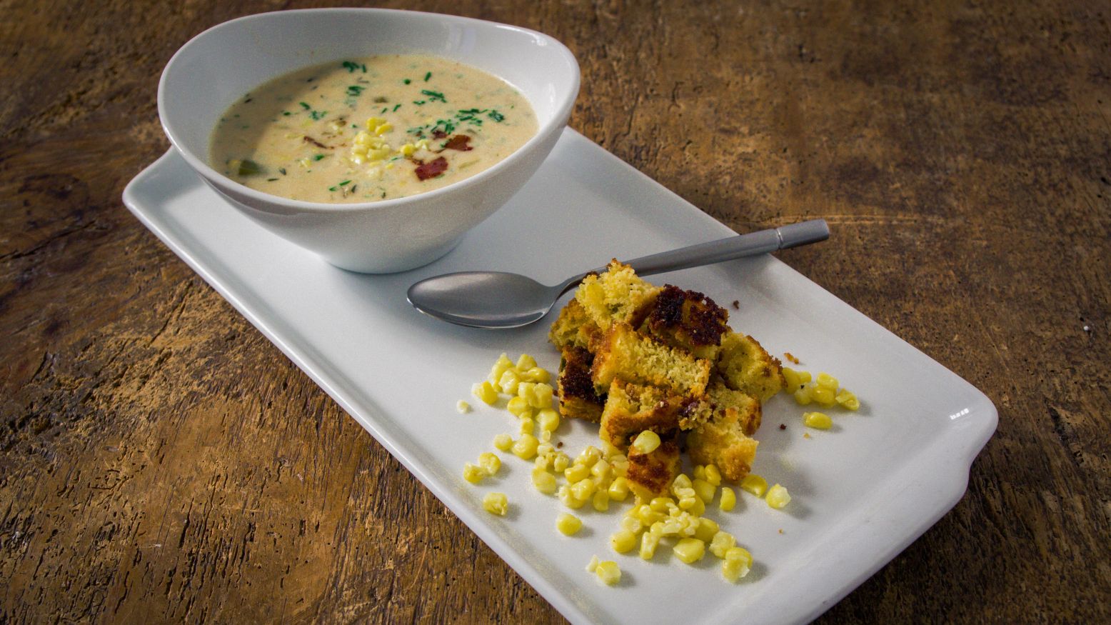 Sweet Corn Chowder with Cornbread Croutons