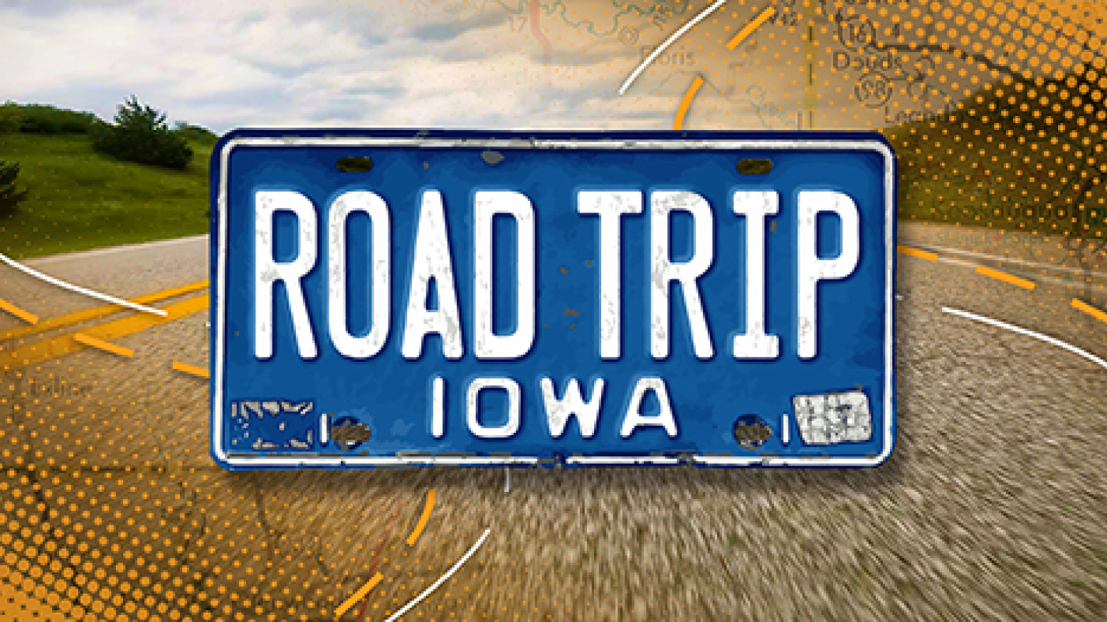 An Iowa blue license plate that says, "ROAD TRIP IOWA" overlayed on a rural road scene.