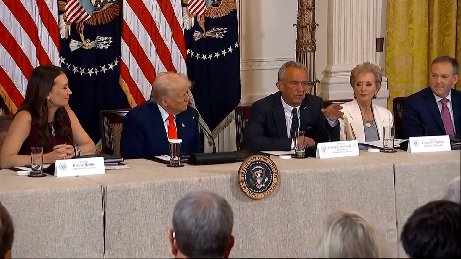 USDA Secretary Brooke Rollins, President Donald Trump, Health and Human Services Secretary Robert Kennedy, Jr., Secretary of Education Linda McMahon