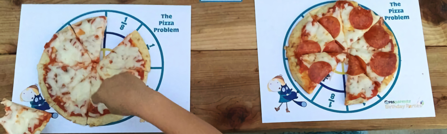 Two children sitting in front of their personal pizza on the pizza placemat with the one eighth fraction card above their personal pizza.