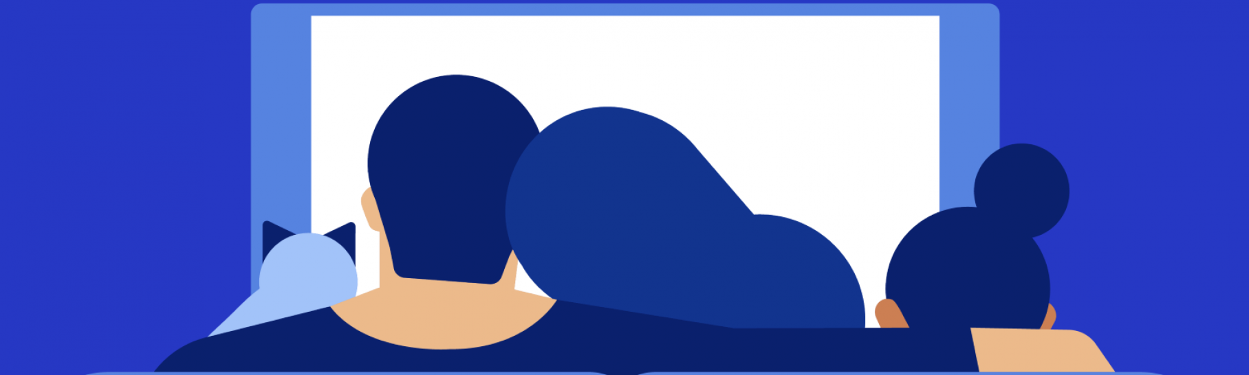 An illustration of a family watching TV in shades of blue. The viewer looks on from behind the family on a couch. From left to right, there are depictions of the back of the heads of a cat, a man, a woman and a girl.
