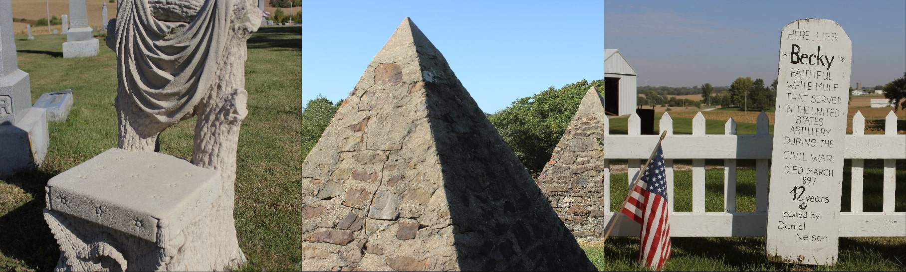 Collection of gravestones including a devil's chair stone, pyramid mausoleum, and donkey burial site