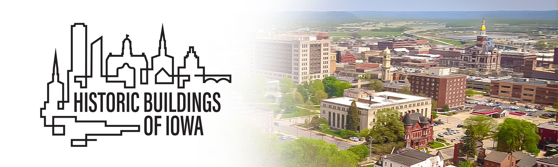 Historic Buildings of Iowa with a aerial view of Dubuque showing Washington Park, Redstone Inn, county courthouse and clock tower.