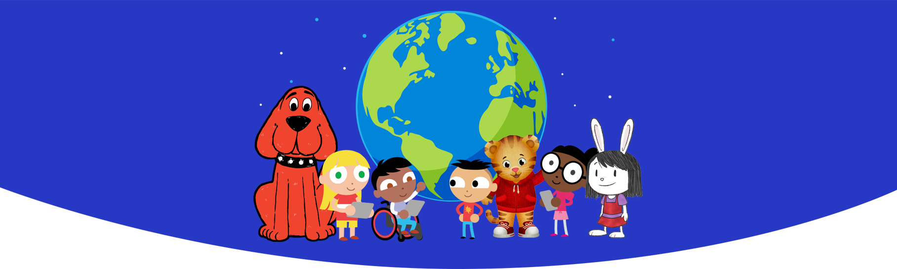 A collection of PBS KIDS characters in front of the Earth.