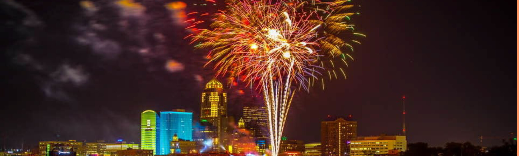 Des Moines skyline with Fourth of July fireworks going off