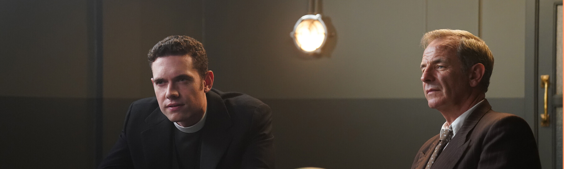 Grantchester main characters sitting at a table together