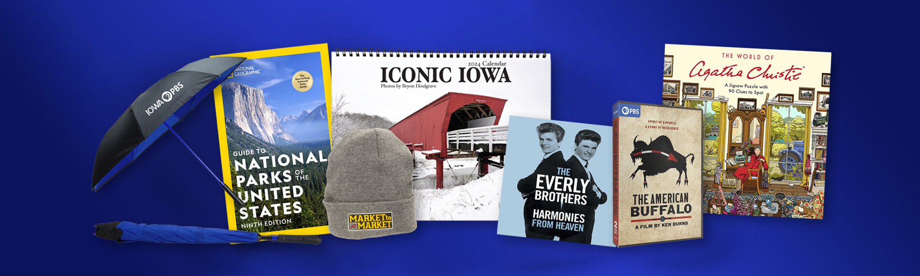 Iowa PBS logo umbrella, Guide to the National Parks, Iconic Iowa calendar, music by the Everly Brothers, The American Buffalo on DVD, Agatha Christie puzzle