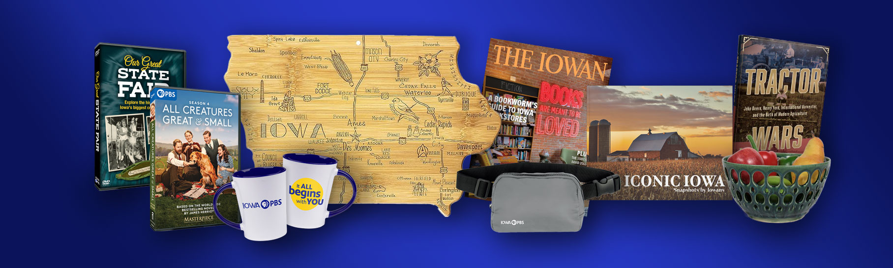 A collage of featured gifts including an Iowa die cut cutting board, your favorite shows on DVD, Iowa PBS mug, Iowan Magazine, Tractor Wars book, Iconic Iowa book and ceramic bowl