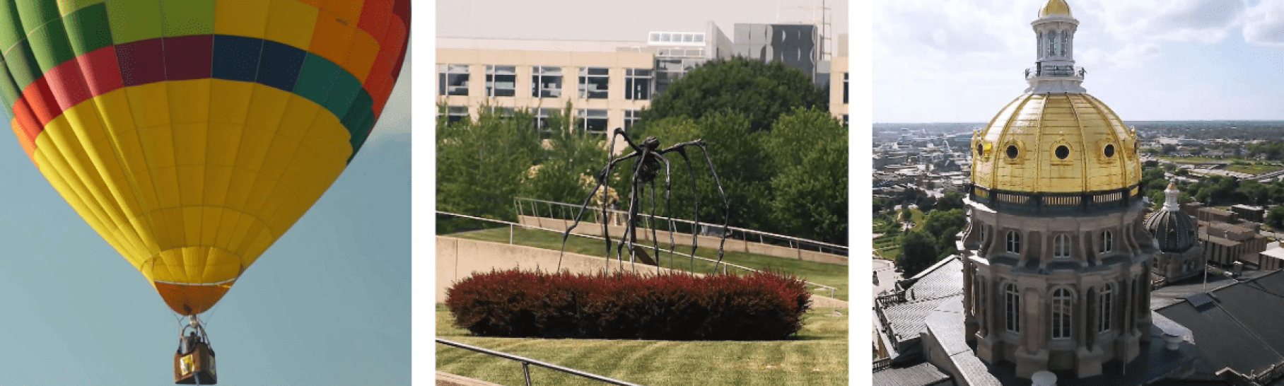 Hot air balloon, outdoor spider-like sculpture and the golden dome of the Des Moines Iowa state capitol building