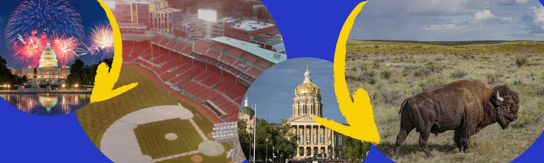Fireworks from A Capitol Fourth show, a baseball stadium featured in Iconic America, the Iowa State Capitol at Yankee Doodle Pops and a buffalo from The American Buffalo