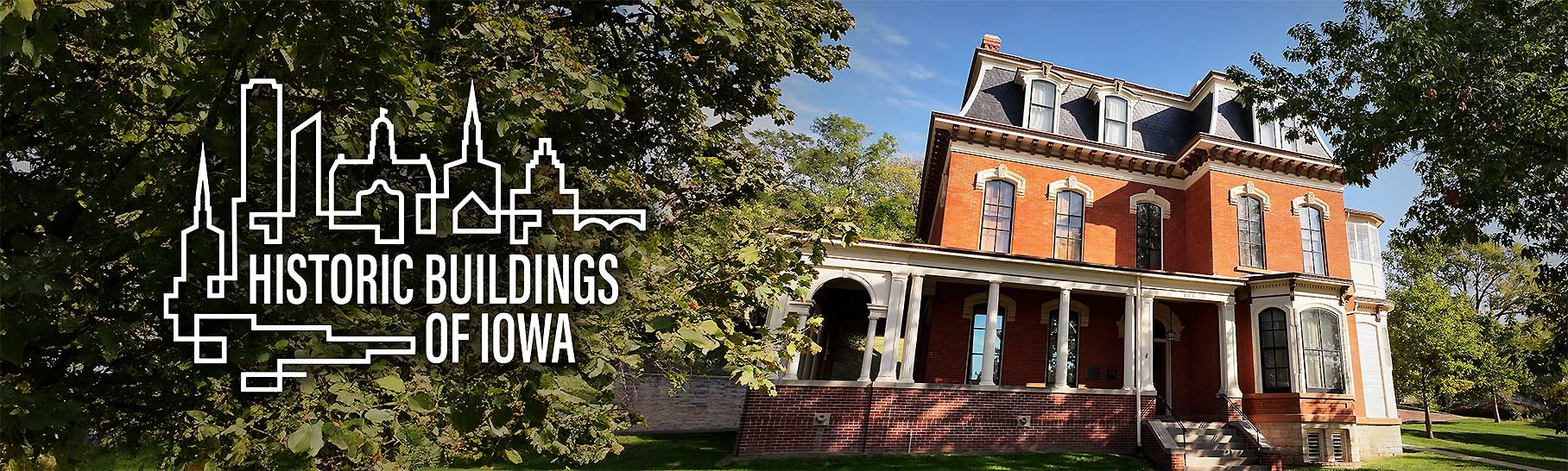 Historic Buildings of Iowa logo in the trees to the left of the Historic General Dodge House in Council Bluffs, Iowa.