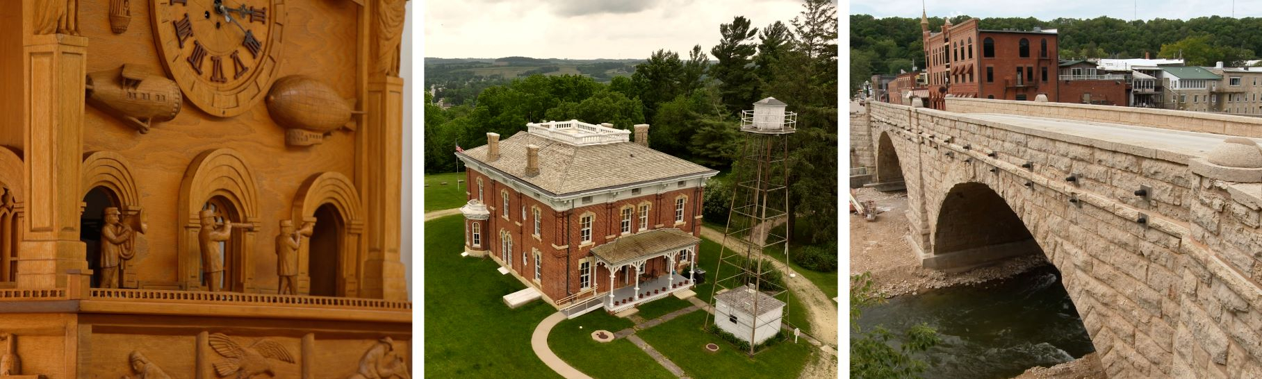 A ornate, wood carved clock, a brick home and a limestone bridge