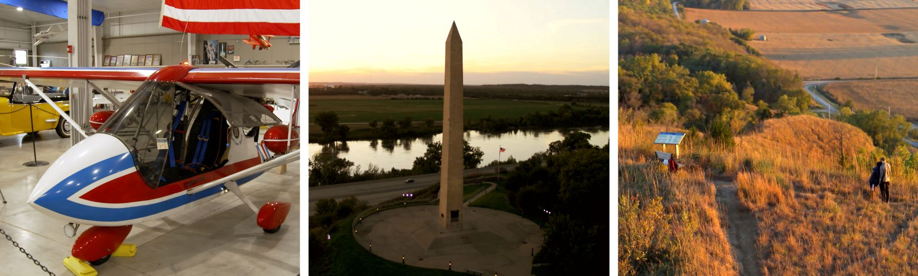 A red, white and blue airplane in a museum, a tall monument structure, a hilly landscape of the Loess Hills