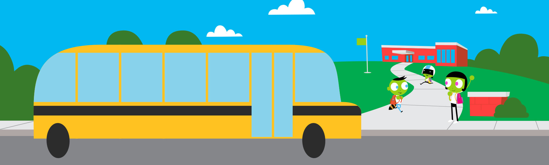 Students exit the school bus and head into school.