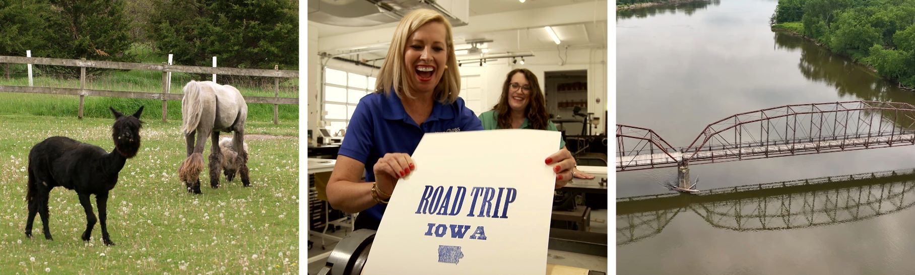 A collage of a llama and horse in a field, host Brooke Kohlsdorf holding a "ROAD TRIP IOWA" poster, and an aerial view of a bridge over a river.