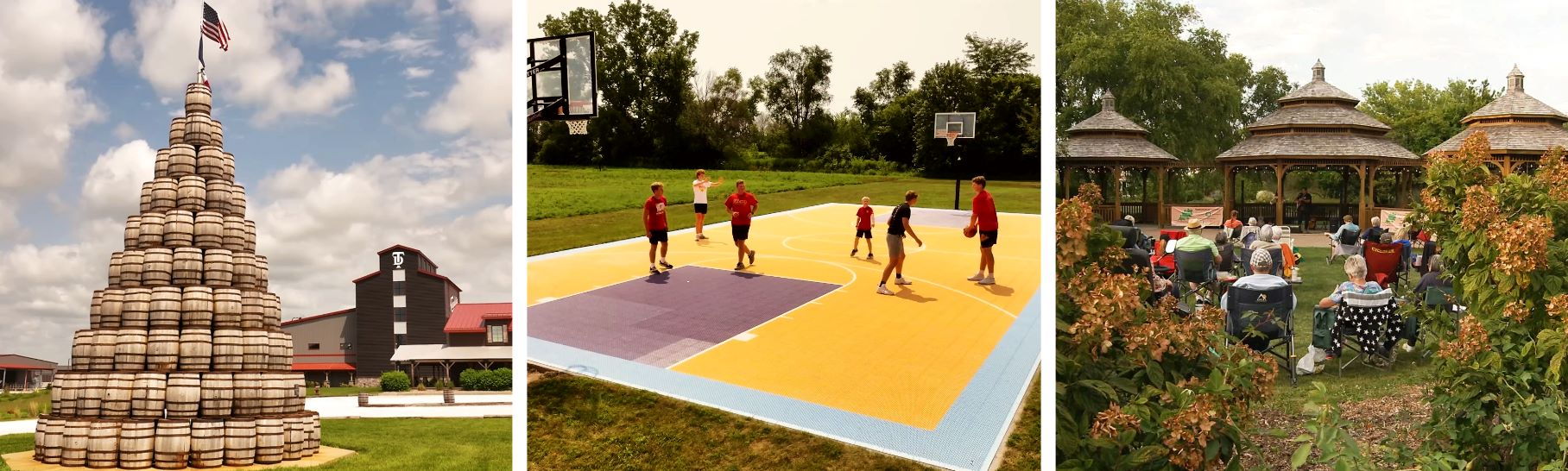 A tower of whiskey barrels, a purple and yellow basketball court and flowers with people sitting in chairs
