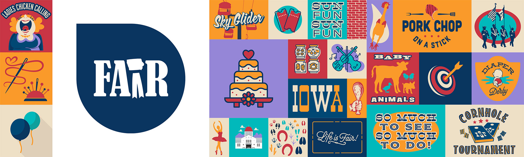 The Fair show logo surrounded by an assortment of colorful and fun line art imagery representing the Iowa State Fair.