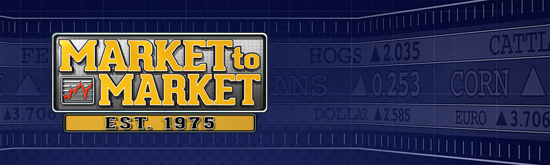 Market to Market - Est. 1975 logo over a blue stock market ticker.