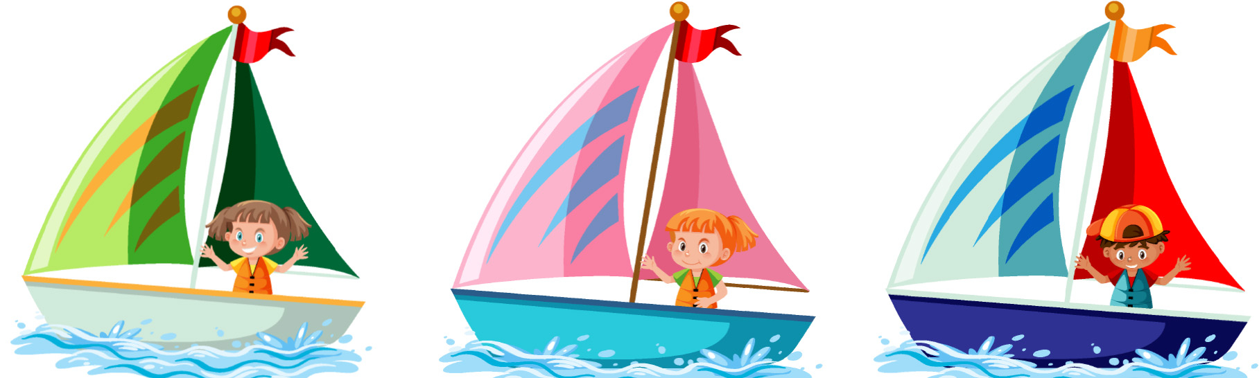 A drawing of three kis in sailboats sailing across the sea.