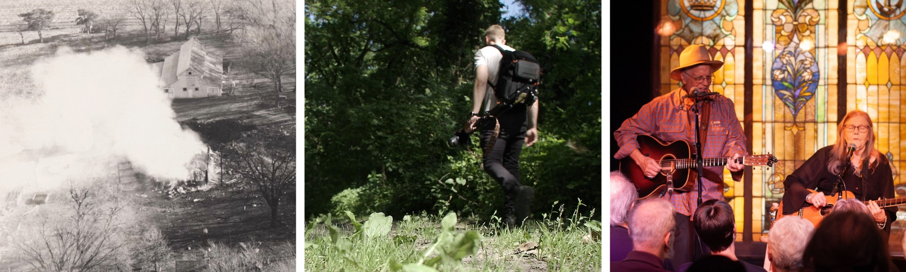 Collage of three images: aerial of smoke by rural building, person walking through a forest with filming gear, and two musicians performing in front of a stained-glass window.