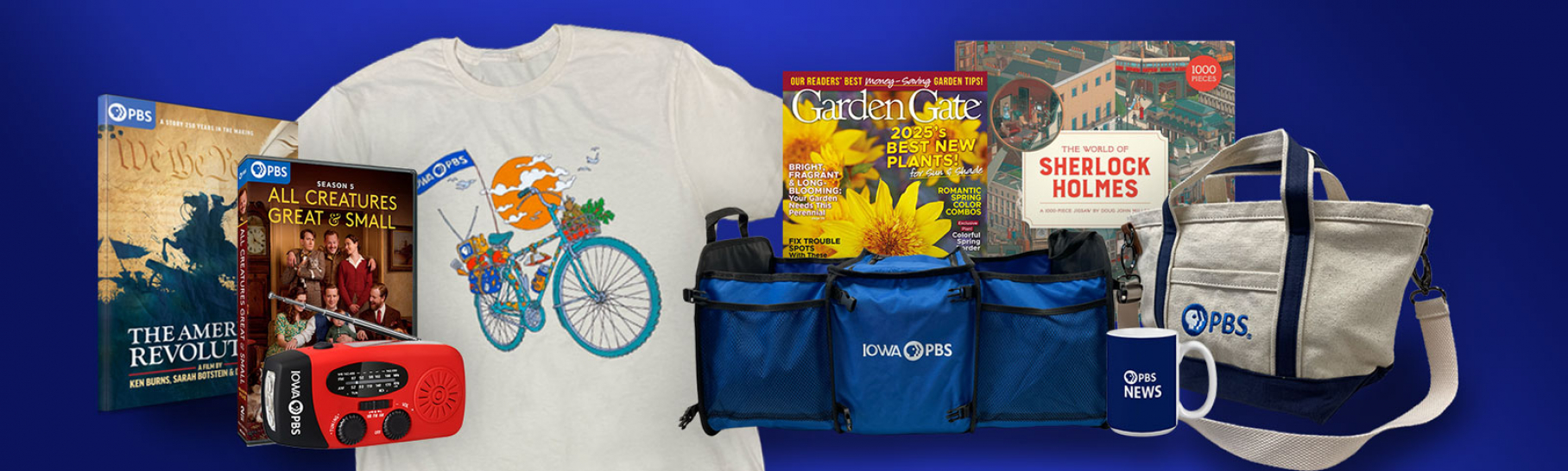 American Revolution DVD set, All Creatures Great and Small Season 5, Iowa PBS crossbody bag, car organizer, weather radio and t-shirt.