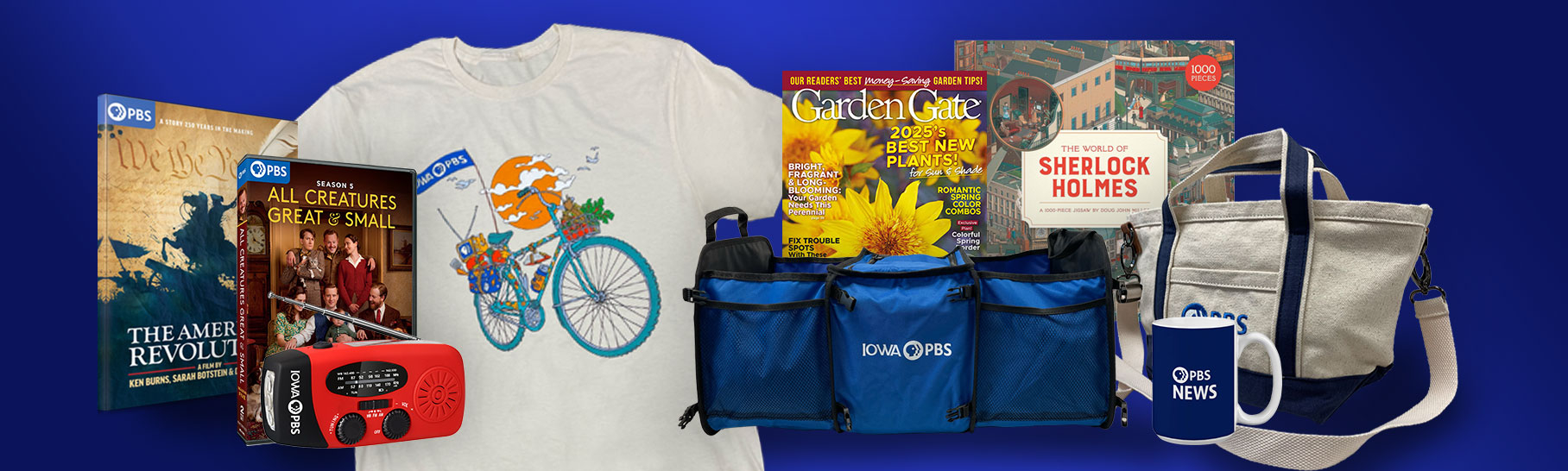 American Revolution DVD set, All Creatures Great and Small Season 5, Iowa PBS crossbody bag, car organizer, weather radio and t-shirt.