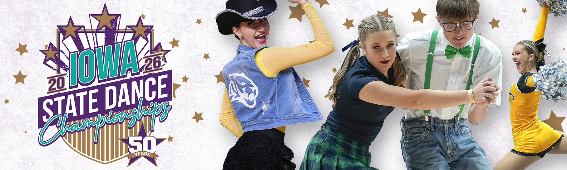 2025 Iowa State Dance Championships - A cowgirl dancer, a swing music couple dancing, and a cheerleader.