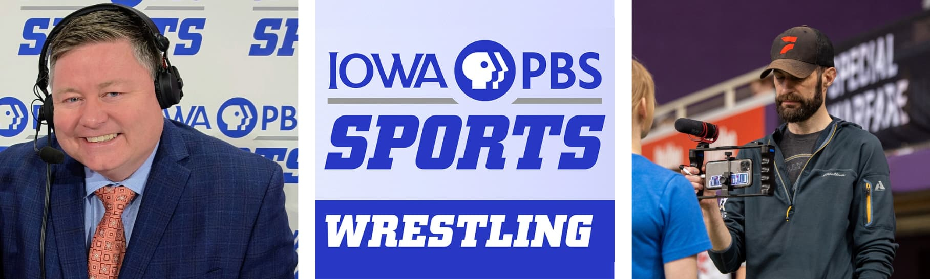 Collage of three images: man with headset on, Iowa PBS Sports logo, man in hat using a camera