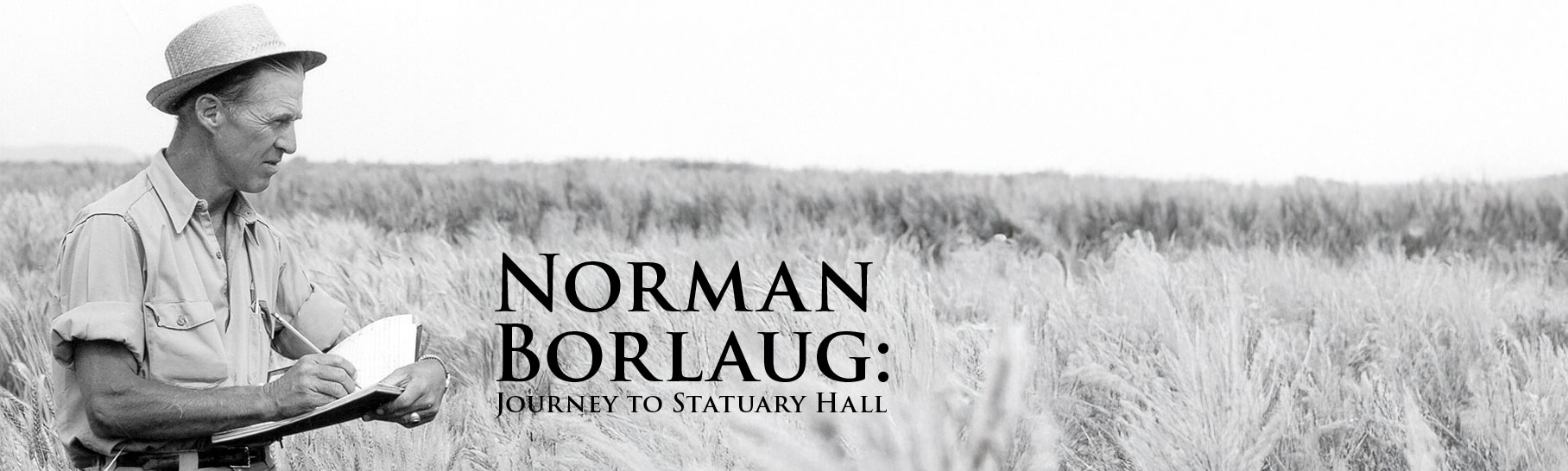 A man in a straw hat writing in a notebook in a wheat field.