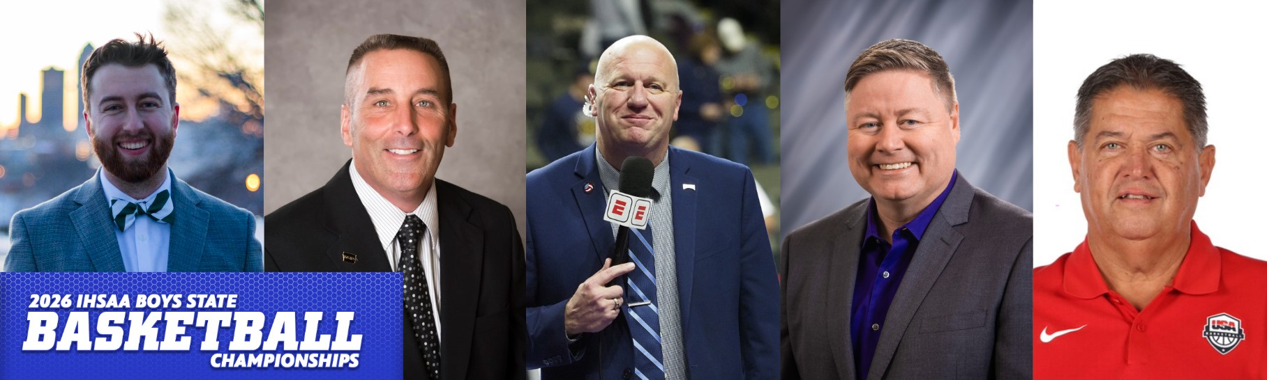 Five headshot photos of the announcers for IGHSAA Boys State Basketball Championships