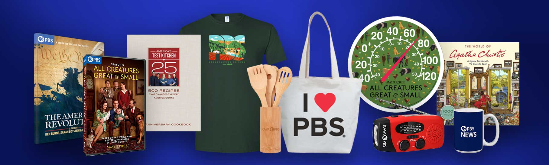 American Revolution DVD set, All Creatures Great and Small Season 5, weather radio, t-shirt, I love PBS cavas tote bag.