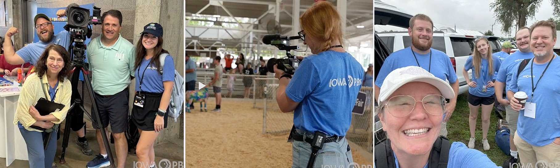 Men and women of various ages wearing Iowa PBS t-shirts on a video shoot.