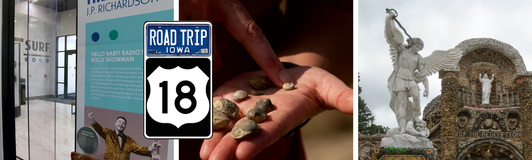 Collage of a music center entrance, hand with stones, Highway 18 sign, and a stone grotto with angel statue.