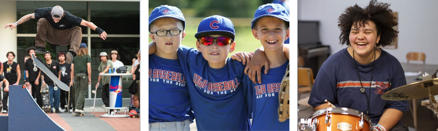 Three images: a person on a skateboard, three children in blue shirts on a baseball team and a young person behind a drum kit.