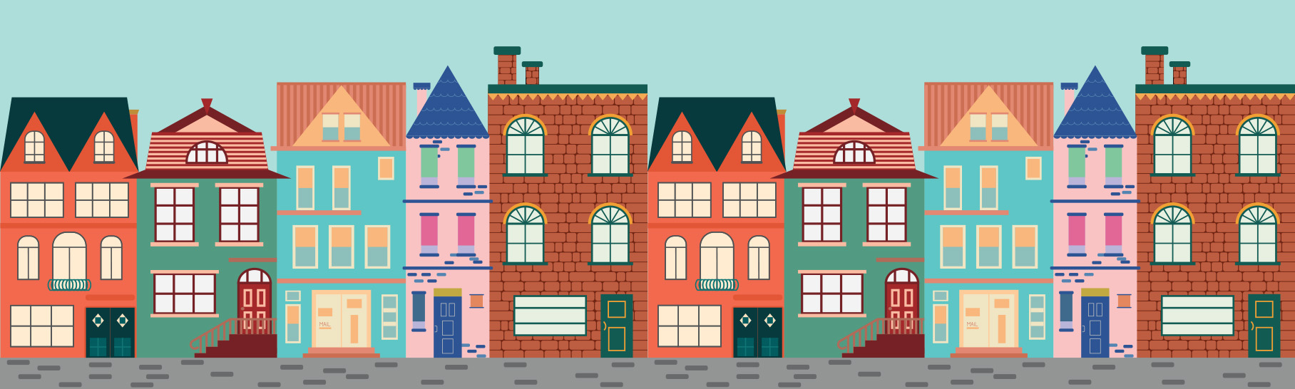 Stylized colorful row of repeating urban buildings with varied roofs, windows, storefronts, and a gray street.