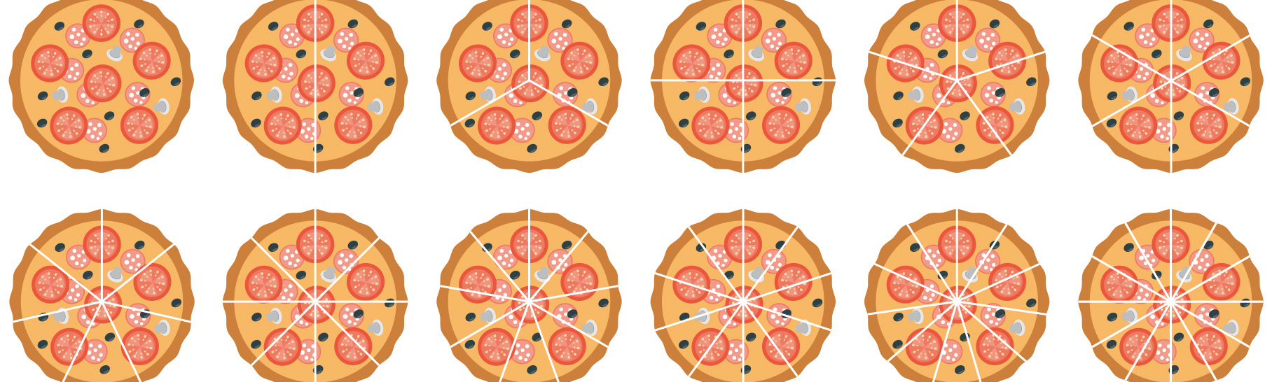 Repeating pattern of round, topped pizzas divided into varying numbers of slices, arranged in two rows on a white background.