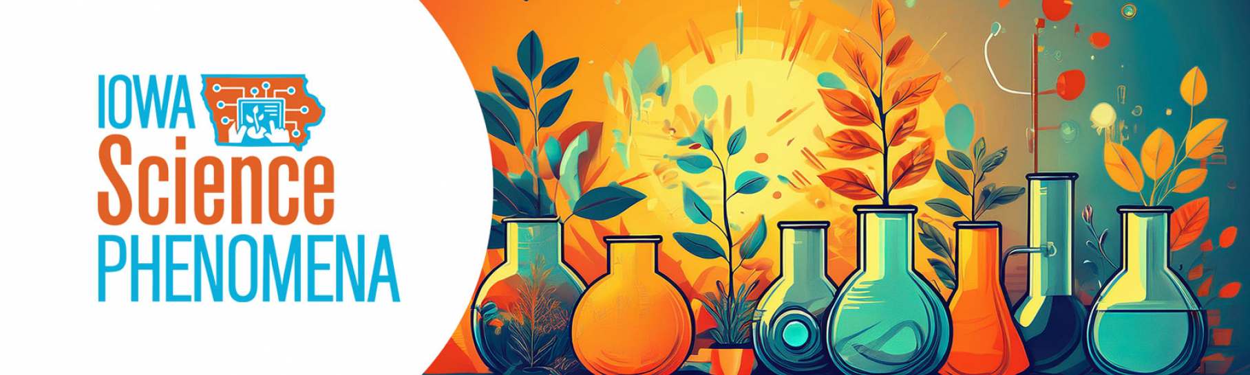 Bright blue and orange science instruments and plants.