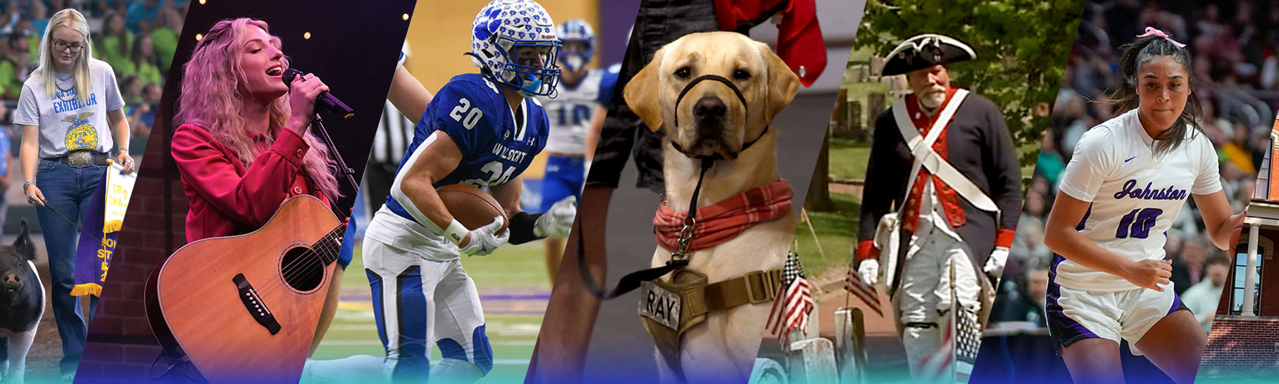 A girl showing a hog at the fair, high school athletes, a service dog, a woman playing the guitar.