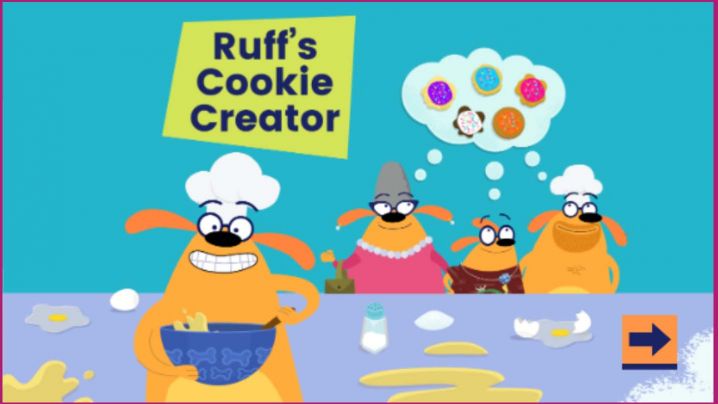 Ruff mixes batter in a bowl while three dog friends look on.
