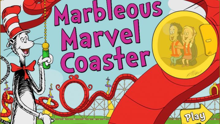 The Cat in the Hat pulls a chain controlling a roller coaster.