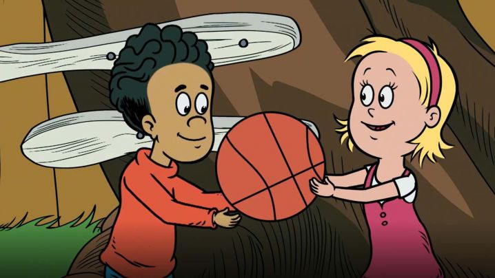 Nick and Sally are playing together with a basketball.